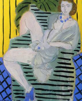 woman in an armchair or a blue and yellow background